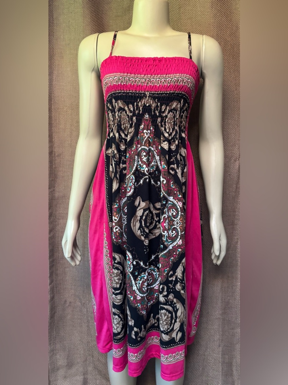 India Boutique Pink and Black Smocked Strap Midi Dress
